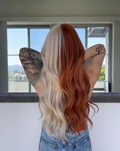 White And Auburn Hair, Copper And Platinum Split Dye, Light Copper And Blonde Hair, Blonde And Cowboy Copper, Half Copper Half Blonde Hair, Creamsicle Hair, Blonde And Orange Hair, Cowboy Copper Hair With Blonde, Orange And Blonde Hair