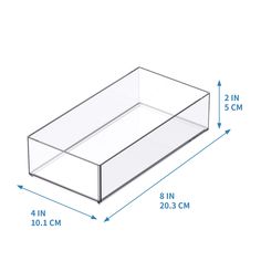 a clear plastic box with measurements for the top and bottom section, on a white background