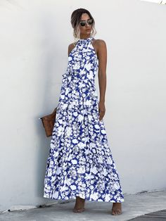 Blue and White Boho  Sleeveless Polyester Floral,All Over Print A Line Embellished Non-Stretch Spring/Summer Women Dresses Ditsy Floral Dress, Streetwear Mode, Womens Floral Dress, Blue And White Floral, Looks Street Style, Vestido Casual, Style Maxi Dress, Types Of Dresses