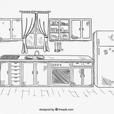 a drawing of a kitchen with an oven, refrigerator and sink