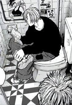 a man sitting on top of a toilet in a bathroom next to a potted plant