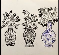 three vases with flowers in them sitting next to each other