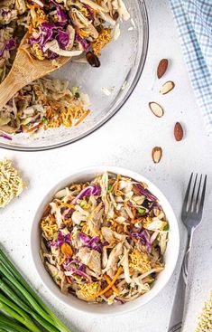 two bowls filled with coleslaw and nuts