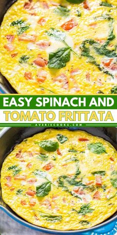 an easy spinach and tomato frittata in a skillet