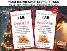 two christmas cards with the words i am the bread of life in red and white