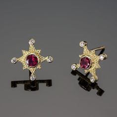 Cardinal earring studs are named after the cardinal points of a compass rose which they imitate. Fabricated and granulated in 18KY, the earrings are set with 2 vibrant rubies (0.55cttw) and 8 VS/G-H diamonds (0.0625cttw).Dimensions: 1/2” (13mm) from point to point. Cardinal Points, Cardinal Point, A Compass, Jewelry Words, Compass Rose, Earring Studs, 18k Gold Jewelry, Colored Gems, Ruby Diamond