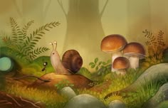 two snails are walking in the grass near some trees