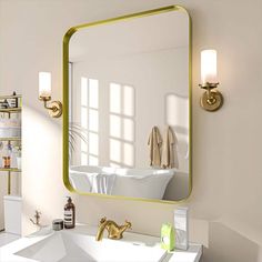 a bathroom with a sink, mirror and shelves on the wall next to each other