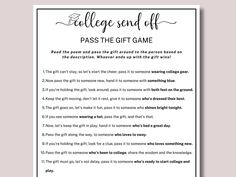 a printable gift card with the words,'please send off pass the gift game '