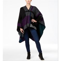 Steve Madden Mondrian Colorblock Poncho Women's - Handbags & Accessories Handbags & Accessories Black Cape Coat, Poncho Coat Cape, Plaid Capes, Knitted Cape, Hooded Poncho, Poncho Style, Wool Peacoat, Cape Coat, Belted Coat