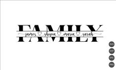 the word family is shown in black and white