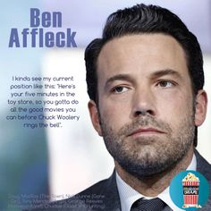 a man in a suit and tie is looking at the camera with an ad for ben affleck