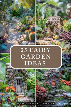 a collage of photos of a fairy garden with a small house Fairy Garden Camper, Pottery Fairy, Mini Landscape, Garden Houses