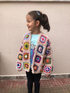 Hand Crocheted Cardigan for Kids & Babies, Granny Square Knitted Sweater for Children, Colorful Toddler Winter Clothing - Etsy Toddler Granny Square Cardigan, Kids Granny Square Sweater, Baby Granny Square Cardigan, Crochet Items For Kids, Kids Granny Square Cardigan, Granny Square Cardigan Kids, Granny Square Baby Sweater, Crochet Blanket Sweater, Knit Cardigan Outfit