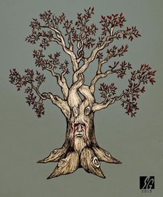 a drawing of a tree with red leaves on it's branches and a face carved into the trunk