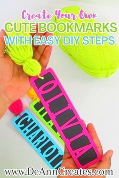 someone is holding two bookmarks with the words diy written on them in neon colors