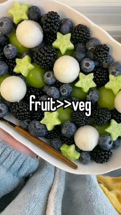 a bowl filled with fruit and vegetables on top of a table