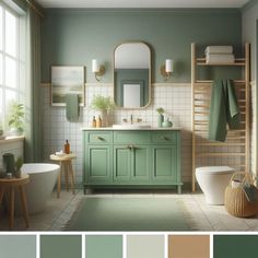 a bathroom with green and beige colors in it