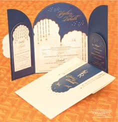 the wedding card is designed to look like an arch