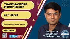 a man with glasses is looking at the camera and has an ad for toastmasters