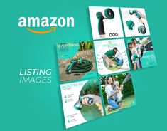 an ad for the amazon company with images of people and their devices on it, including water hoses