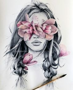 a drawing of a girl with flowers in her hair