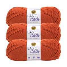 three balls of orange yarn with the words basic stitch written on each ball in white