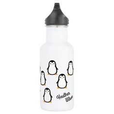 a white water bottle with penguins on it