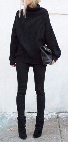 100 Winter Outfits, Looks Black, Outfit Look, Black Turtleneck, All Black Outfit, 가을 패션, Edgy Outfits, Outfit Casual