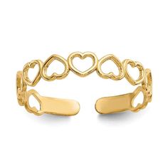 Step out in style with our 10K Yellow Gold Open Hearts Toe Ring from BillyTheTree Jewelry, a best-seller that always flies off our shelves! This adjustable, one-size-fits-most toe ring is crafted from real 10K yellow gold – that's right, no plating here – just solid gold goodness. This toe ring features a delightful band of open hearts, symbolizing endless love and adding a touch of romance to your every step. The band is 4mm wide. It's perfect for those sunny days at the beach or a barefoot wal Yellow Rings, Bow Jewelry, Toe Ring, Gold Polish, Fine Jewelry Gift, Toe Rings, Types Of Rings, Heart Of Gold, Yellow Gold Rings