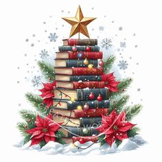 a christmas tree made out of books with poinsettis and a star on top