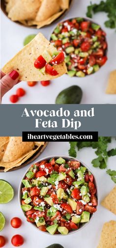 avocado and feta dip in a bowl with tortilla chips on the side