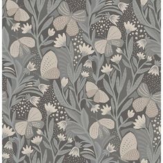 a gray and white floral wallpaper with butterflies on the leaves, flowers and dots