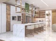 a modern kitchen with marble counter tops and white stools