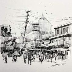 an ink drawing of people walking down the street in front of buildings and telephone poles