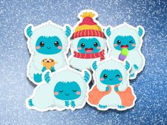 four stickers with blue and white cartoon characters on them, one is wearing a hat