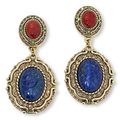 Heidi Daus Sparkling Scarab Simulated Stone and Crystal Drop Earrings Set in ornate frames, the rich, lapis-blue and carnelian-red of these simulated stone and crystal earrings are sure to bring a chic, sophisticated vibe to favorite Fall outfits.       Approx. 2-1/4"L x 1"W     Bronzetone; oxidized, textured finish     Pierced with clear disc backs     Earrings have oval-shaped, dark blue simulated lapis drops with etched design     Drops attached to simulated red carnelian cabochons on post fr Ornate Frames, Red Carnelian, Heidi Daus, Lapis Blue, Vintage Style Jewellery, Wedding Watch, Crystal Drop Earrings, Crystal Drop, Color Crystal