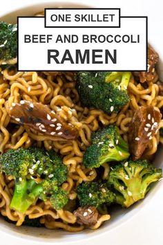 one skillet beef and broccoli ramen is shown in a white bowl