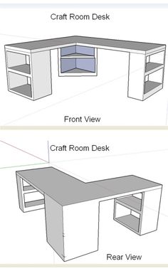 two different views of the same desk with shelves on each side and an open shelf below