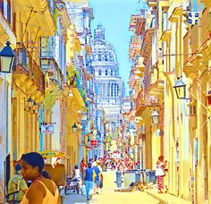 a painting of people walking down the street in an old city with tall buildings on either side