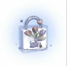 a plastic bag with flowers in it and a key on the handle is floating through the air