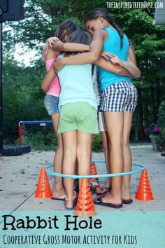 Rabbit hole activity- step in and out of raised hoop without knocking it off, crawl under hoop, jump in, etc Fitness Games For Kids, Building Games For Kids, Motor Planning, Team Building Games, Gym Games, Building Games, Team Games, Games For Teens