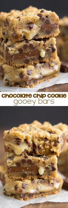 chocolate chip cookie gooey bars stacked on top of each other