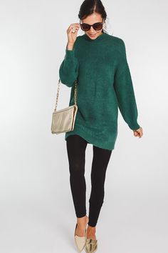 Emerald Sweater Tunic :: NEW ARRIVALS :: The Blue Door Boutique Casual Stretch Sweater Dress With Textured Knit, Cozy Stretch Sweater Dress For Fall, Stretch Sweater Dress For Winter Loungewear, Cozy Sweater Dress For Fall, Stretch Sweater Dress For Fall Loungewear, Casual Soft Knit Sweater Dress For Loungewear, Cozy Long Sleeve Stretch Sweater Dress, Knit Stretch Sweater Dress For Layering, Emerald Green Sweater Outfit