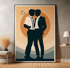 a couple kissing in front of an orange and blue background with the sun behind them