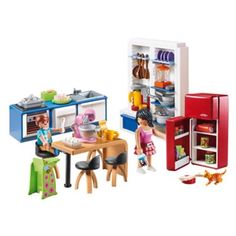 a toy kitchen with refrigerator, table and chairs