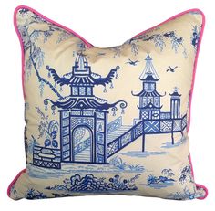 Blue and White Pagoda Cushion Cover with Pink Piping Chinoiserie Pillows, Blue And White Pillows, Blue Willow China, Blue And White Chinoiserie, Blue White Decor, Chinoiserie Style, Chinoiserie Chic, Willow Pattern, Sunrooms