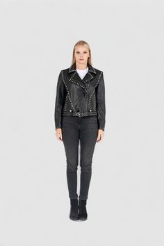 MODEL SIZE S/MHeight 1,78 CM / Weight 60 KG BREAST 85 CM / WAIST 65 CM/ BOTTOM 96 CM Description Need something different from the usual yet completely stylish? Then you should buy Vera women leather jackets. Perfect fitting and acetate lining are what you should expect. - Genuine leather soft nappa - Lining : %100 Acetate Lining - Fitting Perfect - YKK Zipper And Accesories - Inside pockets - Color options available Please contact via email for color and minor customization * Studded Biker Leather Jacket, Studded Leather Biker Jacket For Winter, Winter Leather Studded Biker Jacket, Winter Leather Outerwear With Studs, Winter Leather Biker Jacket With Studs, Edgy Studded Leather Outerwear, Edgy Leather Outerwear With Studs, Biker Style Studded Outerwear For Fall, Fall Leather Biker Jacket With Studs