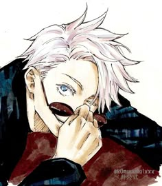 a drawing of a man with white hair and blue eyes holding his hand to his face