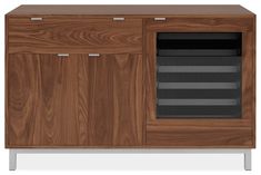 the sideboard is made from wood and has two doors on one side, and three drawers on the other